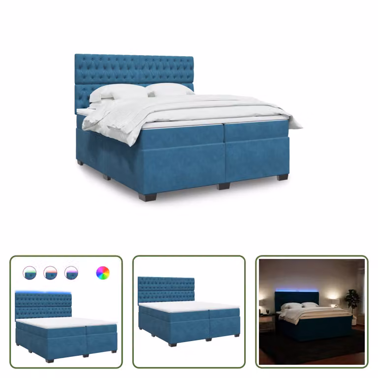 The Living Store Letto a molle con materasso blu 200x200 cm in velluto