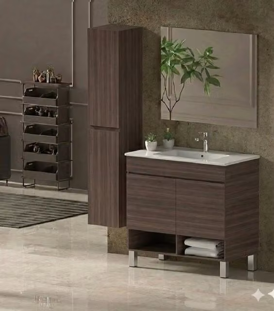Mobile Bagno NEBARI com gambe Già Montato 2 portas, lavabo e specchio Frassino tea 100x45 cm con colonna
