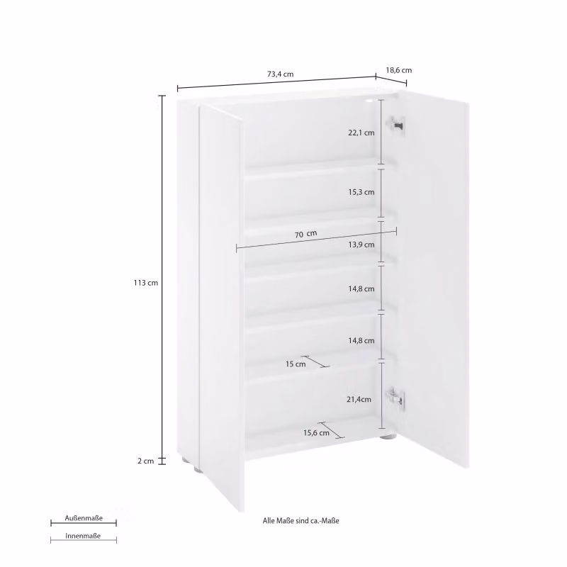 Scarpiera Kitaly SPAZIO bianca con 2 ante e ripiani interni, finitura lucida, L: 115 cm, H: 73,4 cm, P: 18,6 cm – 2