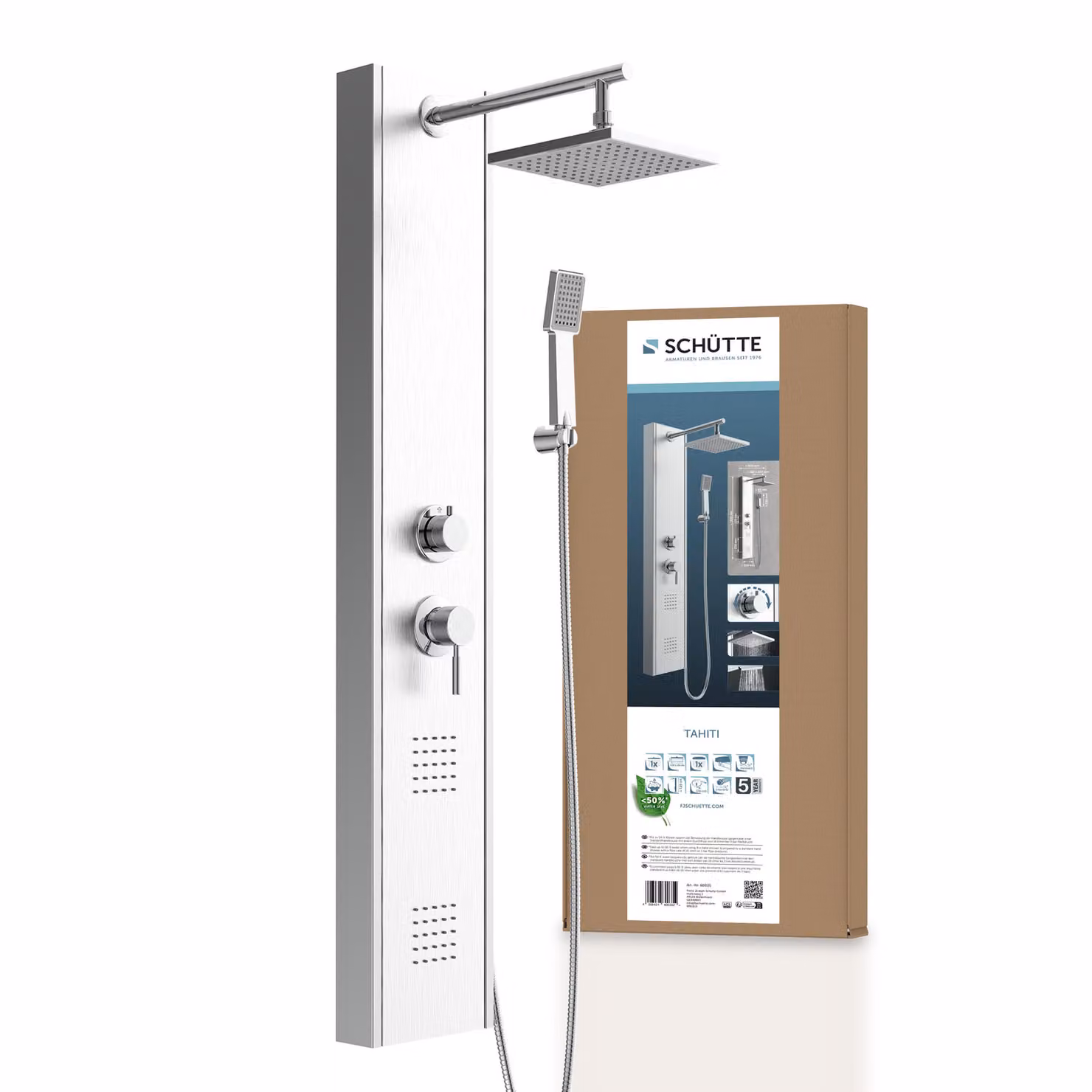 Pannello doccia SCHÜTTE TAHITI, colonna doccia 2 in 1 con grande doccia a pioggia e doccetta, set doccia con rubinetto, acciaio inox