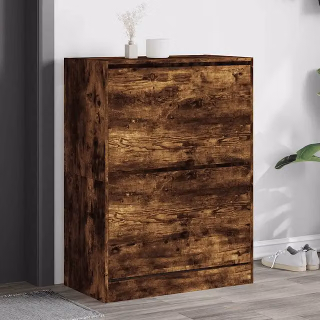 Scarpiera moderna vidaXL in legno rovere marrone con scomparti ribaltabili, sospesa a parete, L: 80 cm, P: 42 cm, H: 108 cm