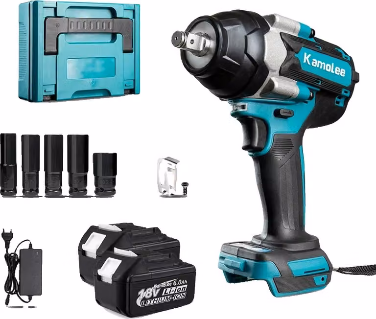 Chiave a cricchetto elettrica ricaricabile, coppia di 1800 Nm, motore brushless, 2 batterie da 6,0 Ah, con custodia in plastica, omologata per l'Unione Europea