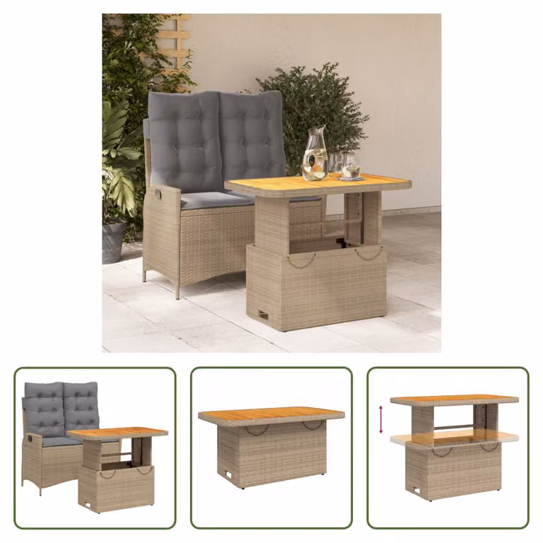 The Living Store Set da pranzo da giardino a 2 pezzi con cuscini Beige poly rattan