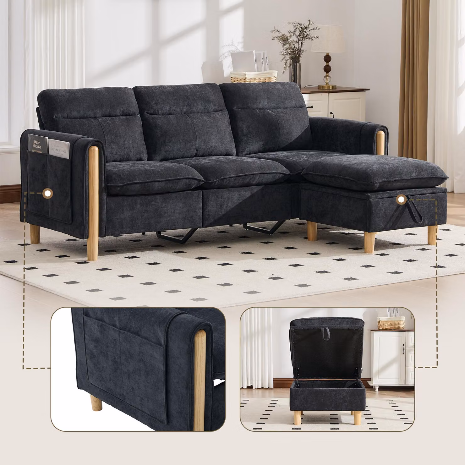Divano a tre posti in stile nordico, poggiapiedi contenitore, tasche laterali, gambe in legno, forma a L (grigio scuro)