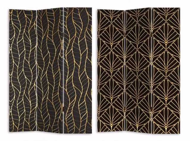 Paravento Vacchetti a 3 ante con stampa abstract nero e decori oro in legno L: 120,6 cm, P: 2,5 cm, H: 180 cm