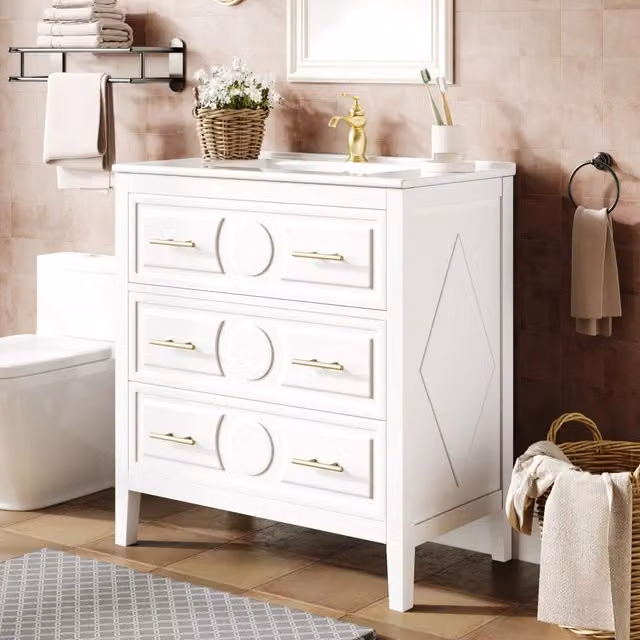 Mobile bagno 81x46.5x86.5 cm con lavabo in ceramica e 3 cassetti soft close in MDF bianco