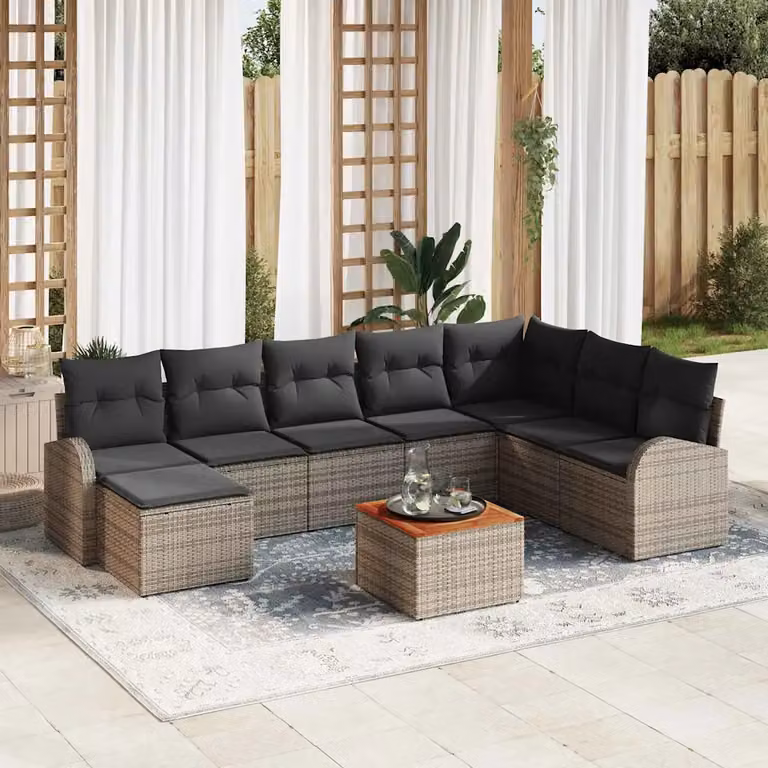 Set Divano da Giardino vidaXL in Polyrattan Grigio con Cuscini e Tavolino da Esterno 9 Pezzi