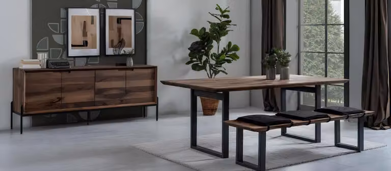 Tavolo da pranzo, panca, credenza, stile moderno, colore marrone, nuovo, legno