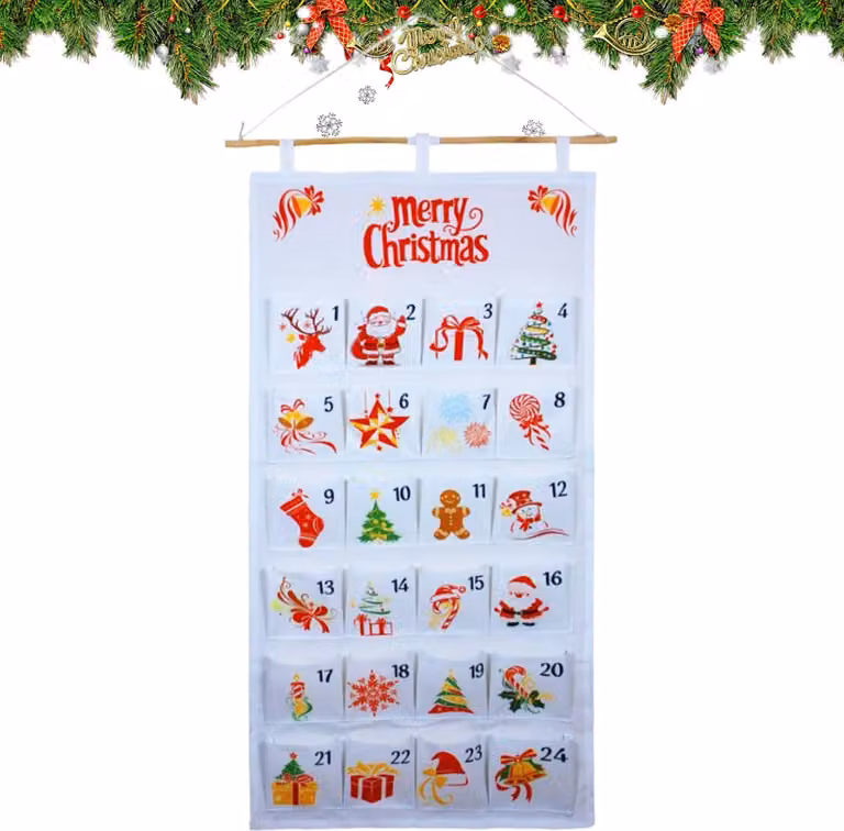 Calendario dell'Avvento con tasche, 24 giorni, sacchetto riempibile per le decorazioni natalizie in casa, bianco