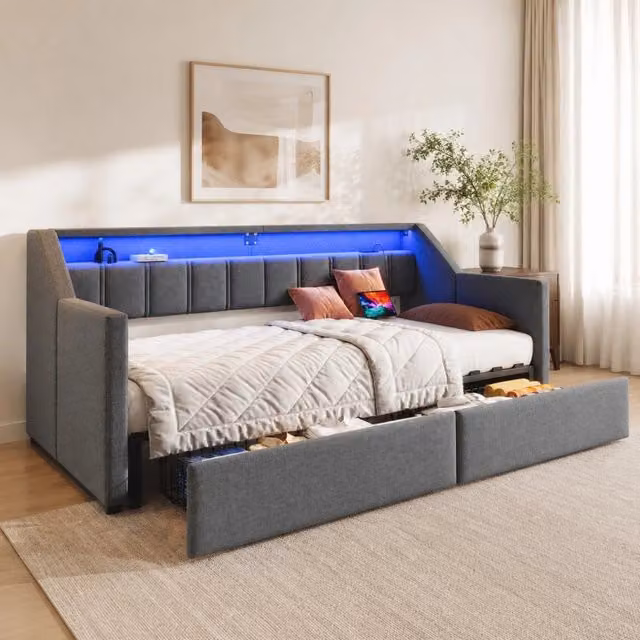 Letto da giorno estraibile REDOM in tessuto grigio con cassetti, porte USB, Type-C e luci LED, L/P/H: 90 x 200 x 193 cm