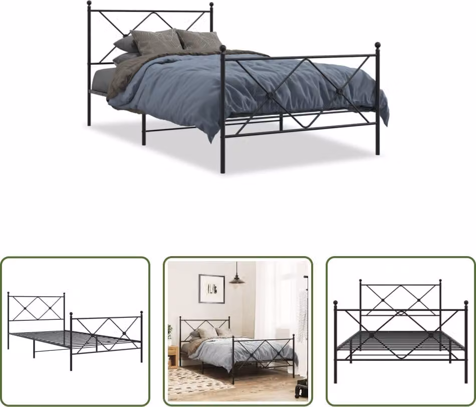 The Living Store Struttura letto con testiera e pediera in metallo nero 100x190 cm