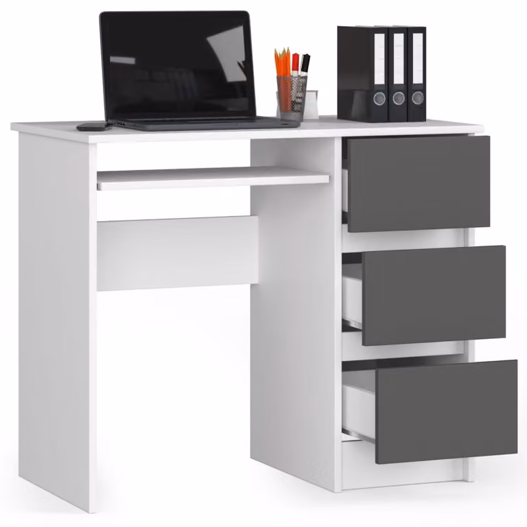 Scrivania da 90 cm con 3 cassetti e ripiano estraibile per tastiera; scrivania per computer, scrivania da lavoro