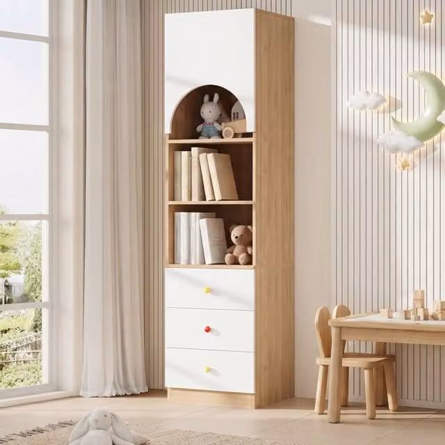Scaffale per libri a più livelli con 3 cassetti e 3 ripiani, maniglie in ceramica, bianco e effetto legno, 50x50x200 cm
