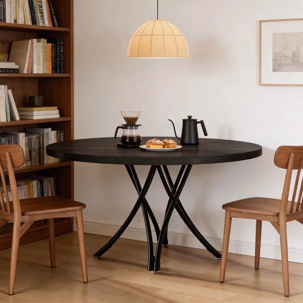Tavolo da pranzo rotondo Mivray in legno nero opaco con base a croce per cucina e soggiorno, Diametro: 120 cm – 2