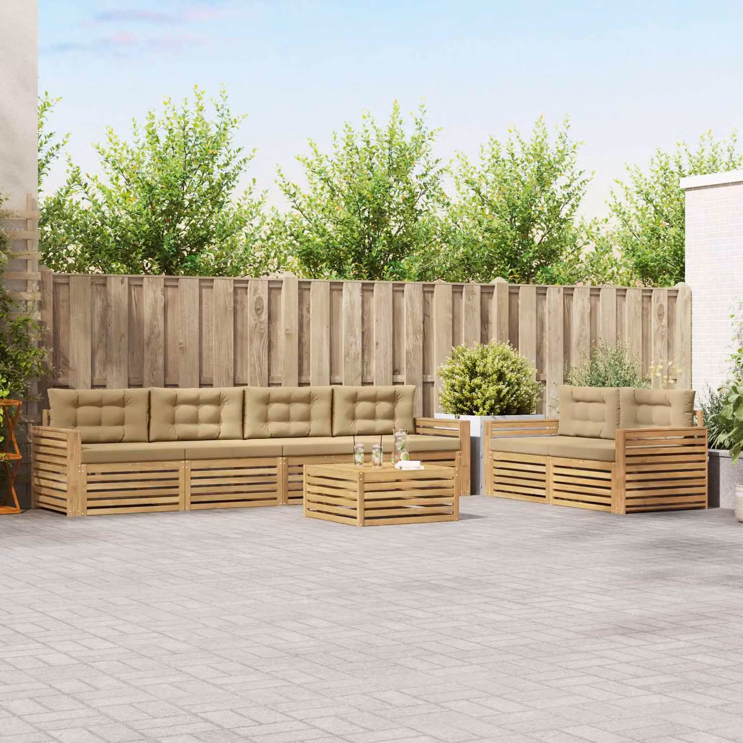 Set di divani da esterno vidaXL 7 pezzi in legno di acacia con cuscini Bianco e Beige