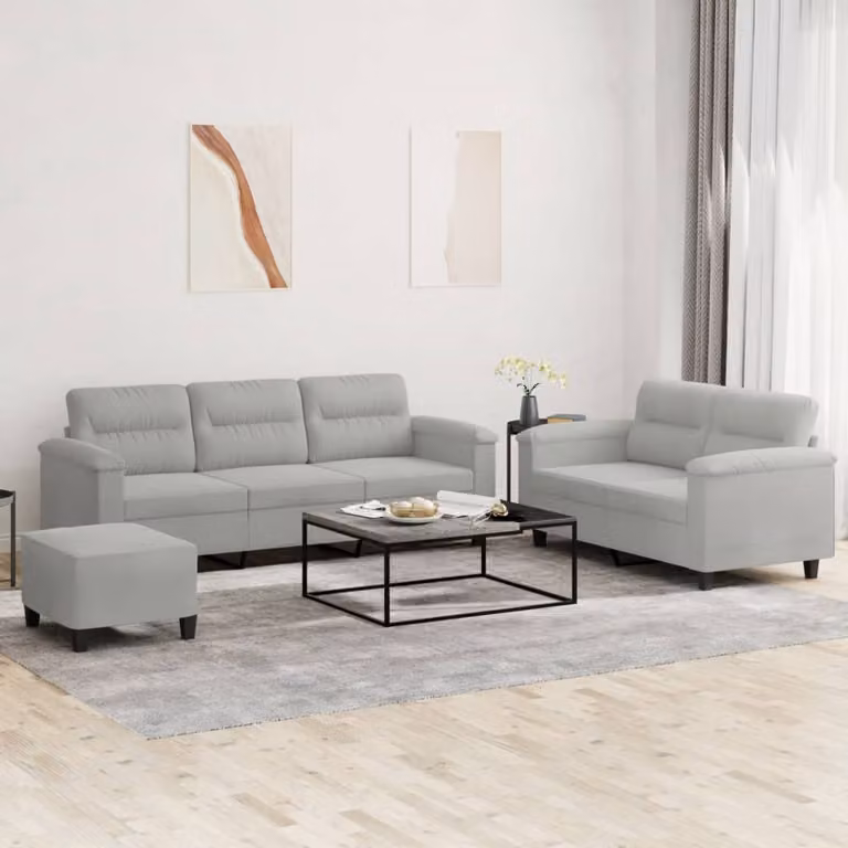 Set di Divani vidaXL 3 Pezzi con Ottoman in Microfibra Grigia per Soggiorno