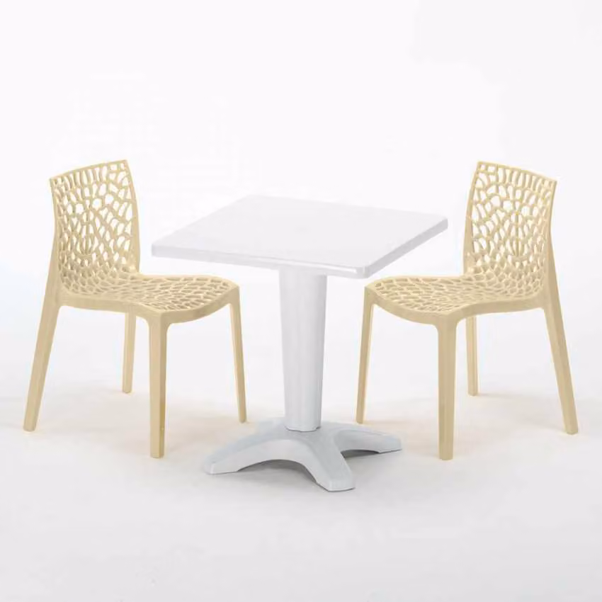 Tavolo quadrato bianco e 2 sedie colorate in polipropilene per interni Grand Soleil Gruvyer Patio - Beige