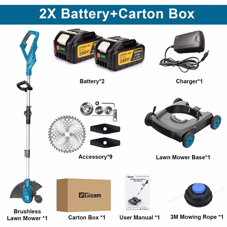 Tagliaerba elettrico da 30 cm - Trimmer per erba 3-in-1 senza fili - Motore brushless - Maniglia pieghevole - 2 batterie da 18V