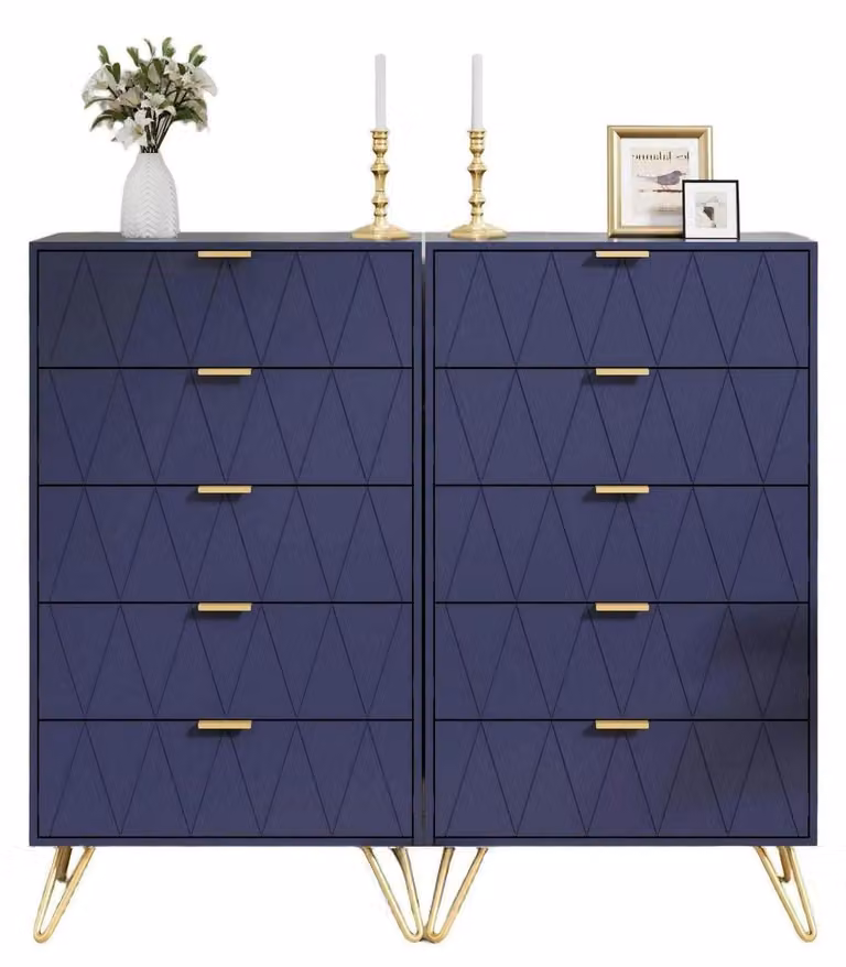 Comodino, set da 2, 120 x 34 x 110 cm, blu scuro, 10 cassetti