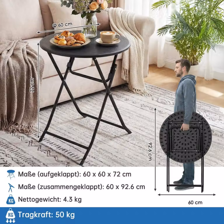 Tavolo pieghevole - Tavolo rotondo da campeggio/evento - Diametro 60 cm - Gambe in acciaio inossidabile - Stabile - Portatile - Nero