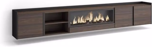 Mobile TV Soggiorno, 315x50x35 cm, Per TV fino a 80", Camino elettrico XXL, Sospeso, da appendere, Rovere scuro e Nero