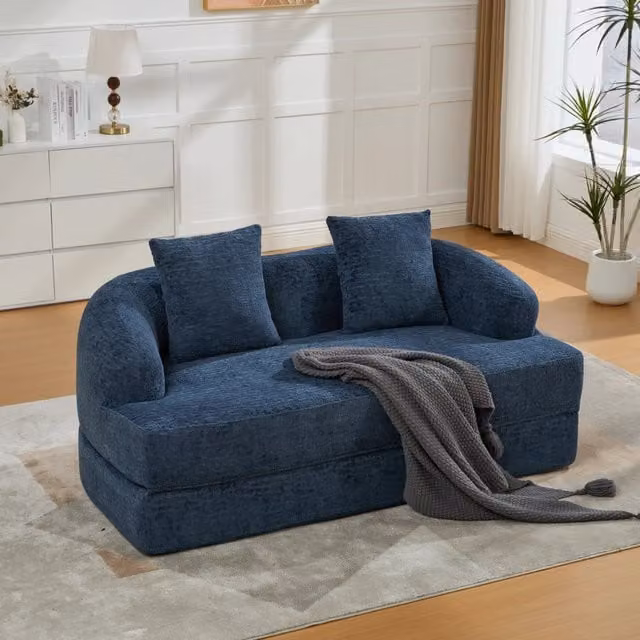 Divano letto pieghevole a 2 posti WISHDOR in chenille blu con motivo a righe e cuscini per schienale, ideale per soggiorno o camera da letto, L: 157 cm, P: 84 cm, H: 65 cm