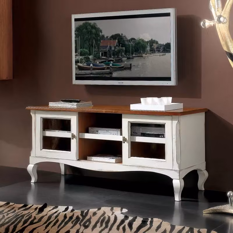 Porta TV Shabby Chic Mobili 2G in Legno Bianco e Marrone con 2 Porte Scorrevoli L: 146 cm, P: 50 cm, H: 65 cm – 2