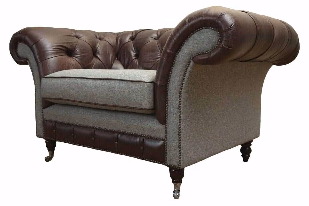 Chesterfield Ohrensessel Grau Sofagarnitur Sessel Couch Ledersofa