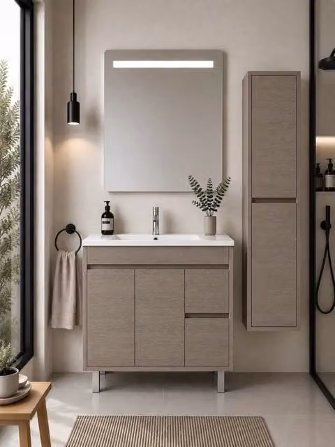 Mobile bagno con lavabo ORIGENBATH ISQUIA senza specchio 90x45 cm rovere smoky con colonna