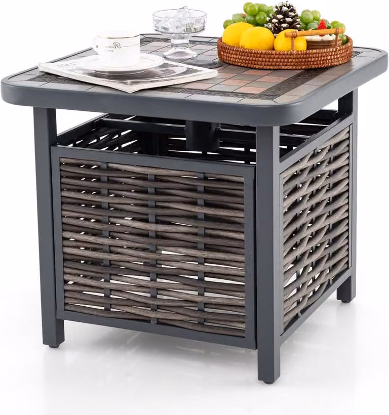 Tavolino da giardino KOMFOTTEU in rattan PE, tavolino con foro per ombrellone e motivo a scacchiera, tavolino da salotto o da bistrot resistente alle intemperie, 55 x 55 x 50 cm