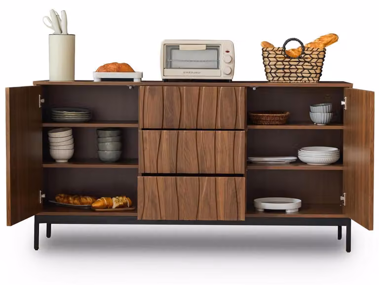 Mobile contenitore da 150 cm, legno impiallacciato noce scuro, colore marrone, 2 ante, 3 cassetti