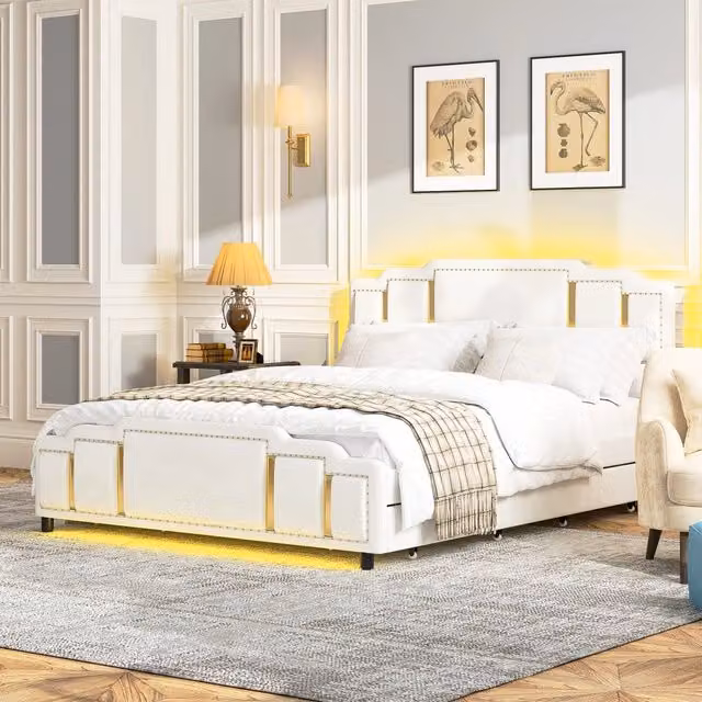 Letto imbottito con cassetti 140x200 cm velluto beige