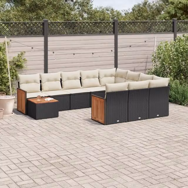 Set di divani da giardino vidaXL in polyrattan nero con cuscini bianchi e tavolino da esterno a forma di U composto da 11 pezzi – 1