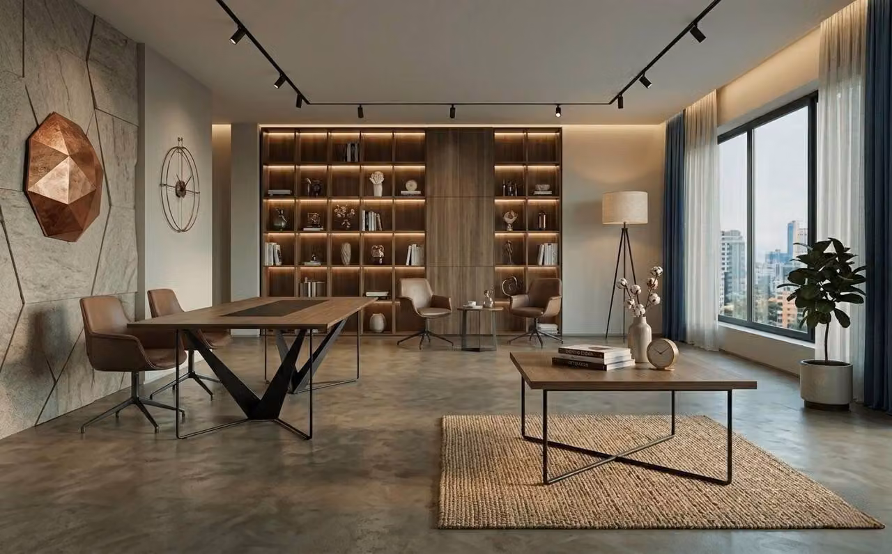 Set per ufficio: scrivania, divano e tavolino. Design moderno, piano in legno
