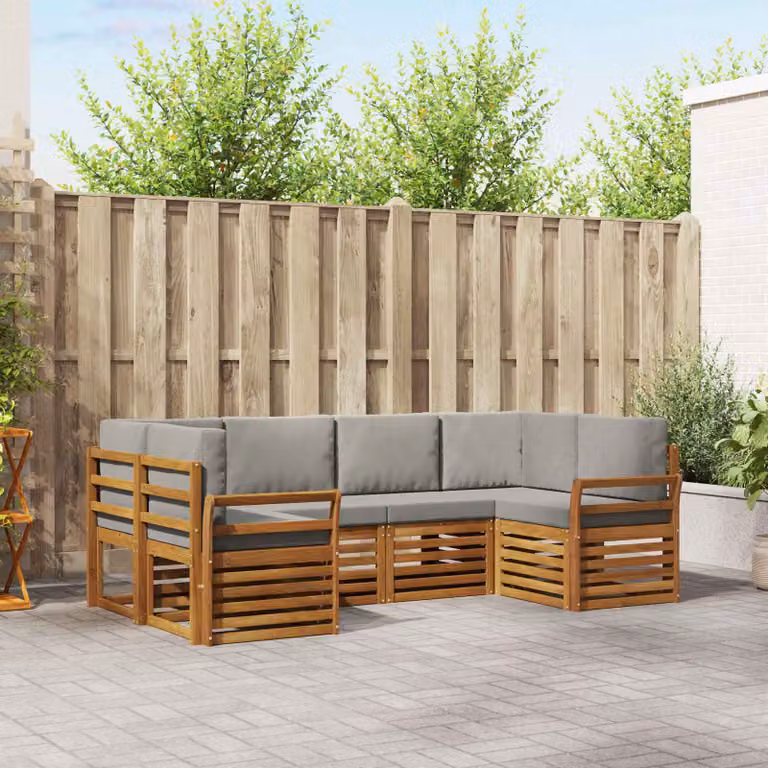 Set di divani da esterno vidaXL a forma di L composto da 6 pezzi in legno di acacia con cuscini grigi