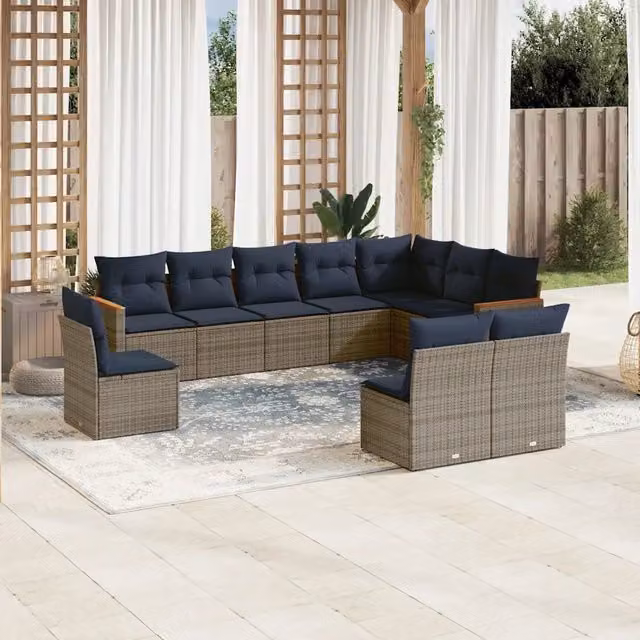 Set Divani da Giardino 10 pz con Cuscini Grigio in Polyrattan 3226075