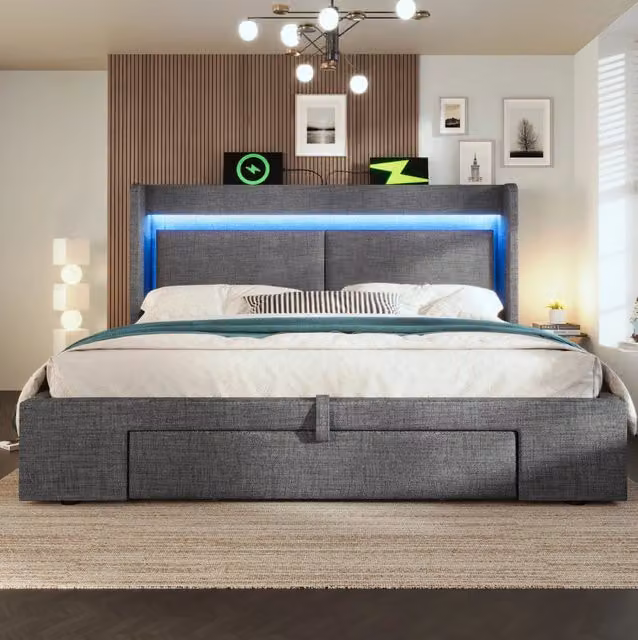 Letto contenitore 140x200 cm in lino grigio con LED, USB, USB-C e testiera