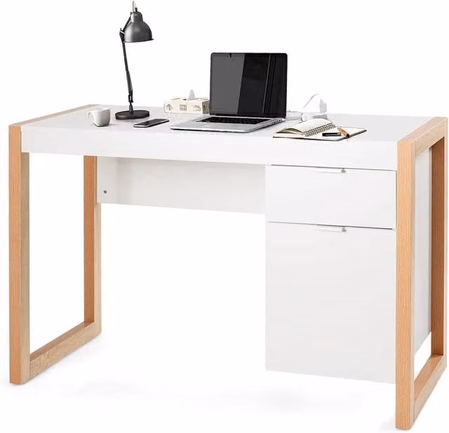 Scrivania Moderna per Computer COSTWAY Bianca con Armadietto e Cassetto in MDF e Metallo per Home Office – 1