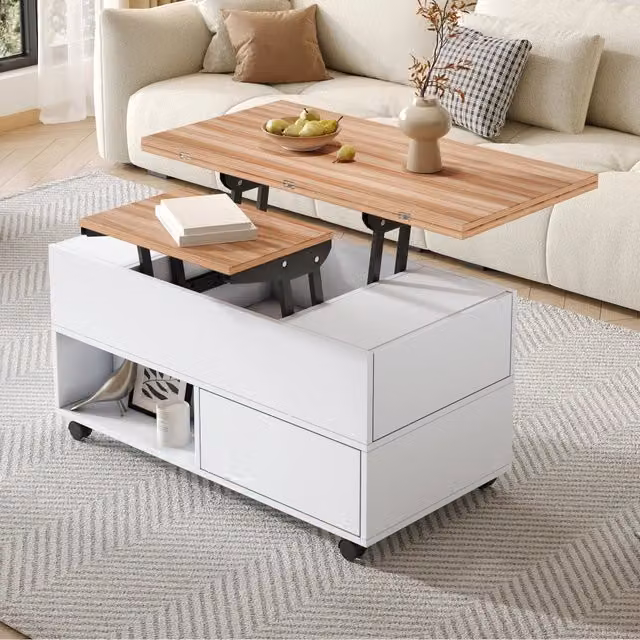 Tavolino da Salotto Alzabile 100x50x52cm, 4 Cassetti e 4 Ruote, Multifunzione Bianco e Legno