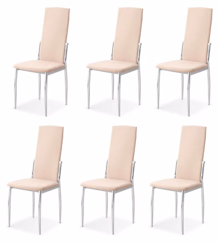 Set di 6 sedie imbottite, color beige, con gambe cromate, dimensioni 43x48x99,5 cm