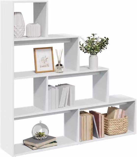 Libreria Divisorio Design Mania con 4 Ripiani, Scaffale a Scala Bianca in MDF e Legno, L/P/H: 143,5 x 29 x 143,5 cm