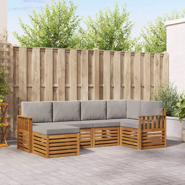 Set di divani da esterno vidaXL a forma di L composto da 6 pezzi in legno di acacia con cuscini inclusi, colore grigio e marrone