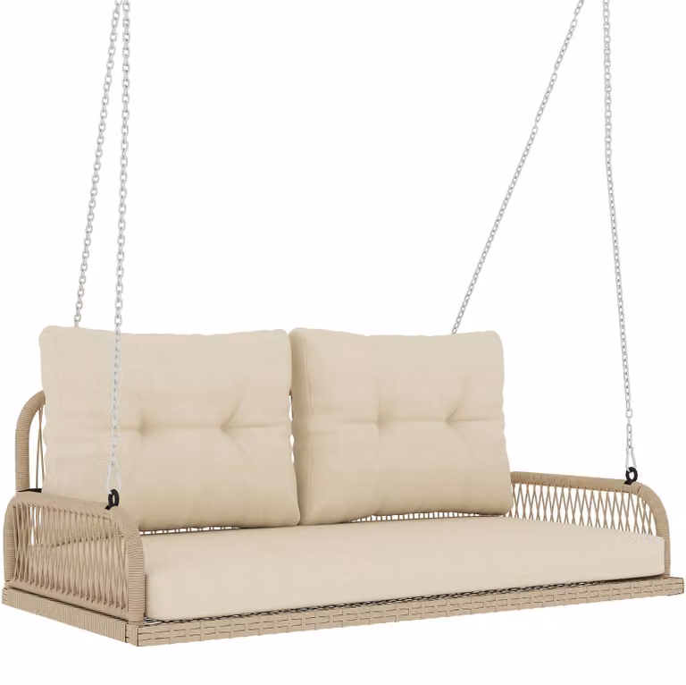 Altalena da giardino in rattan a 2 posti con cuscini e catene, portata fino a 240 kg, 115 x 66 x 44 cm, beige