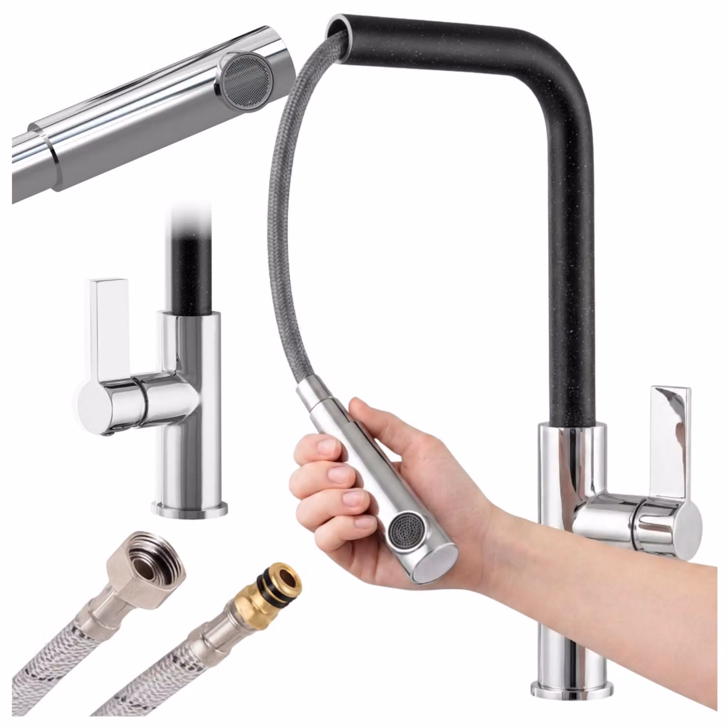 Granitan - Rubinetto da cucina - Rubinetto per lavello - Bocca estraibile - Cartuccia in Vetroceramica - Nero - LINEA