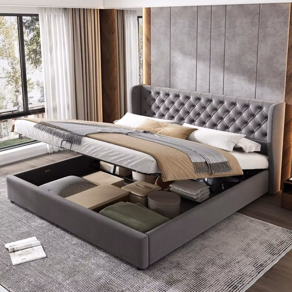 Letto contenitore matrimoniale OKWISH in velluto grigio con sistema a sollevamento idraulico, L/P: 160 x 200 cm – 2