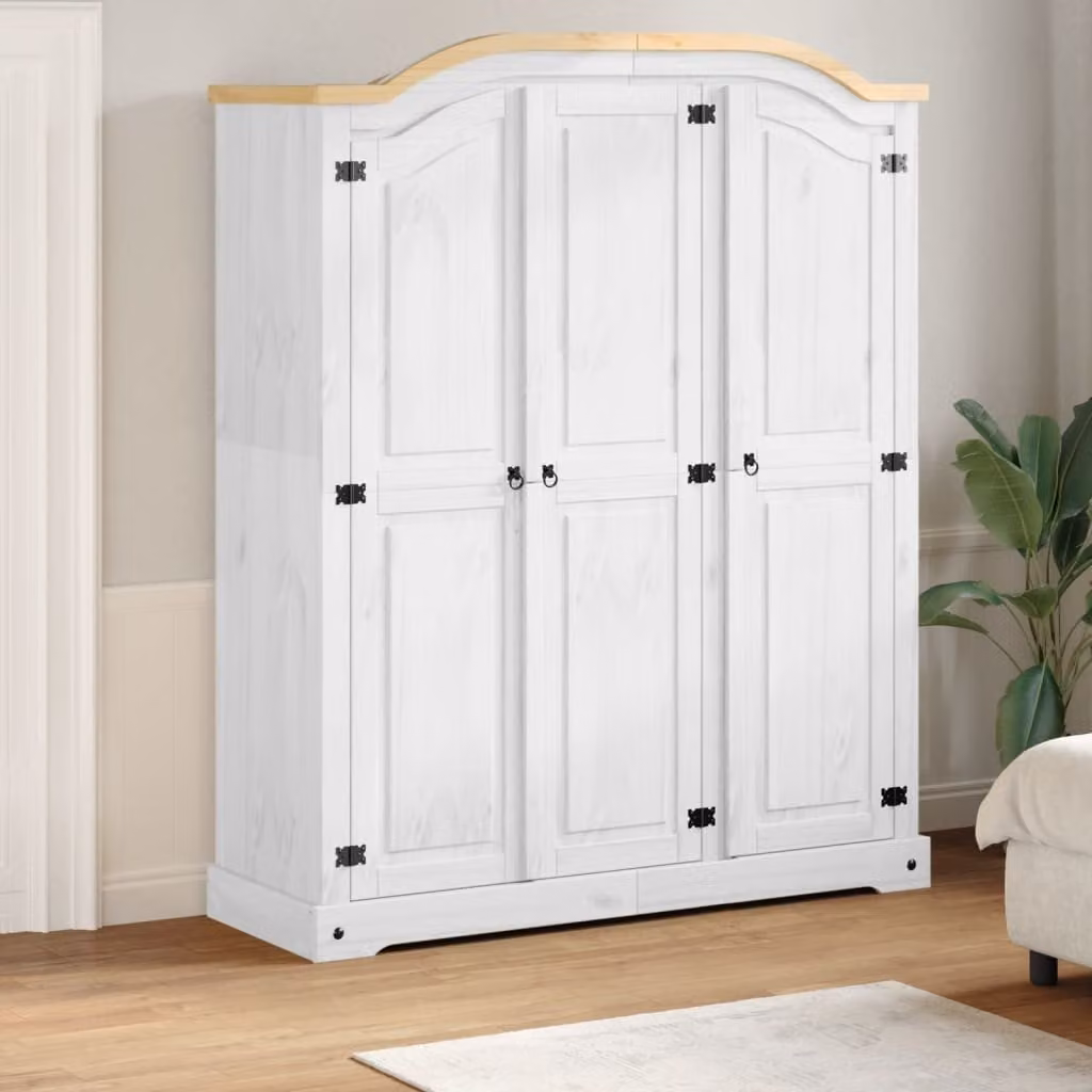 Armadio Corona vidaXL in legno massello di pino bianco, stile rustico, L: 151,5 cm, P: 52 cm, H: 186 cm