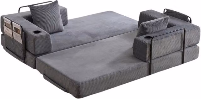 Divano Letto Piatto in Velluto a Coste Grigio Scuro con Braccioli, Porta Bicchieri e Tasche Laterali