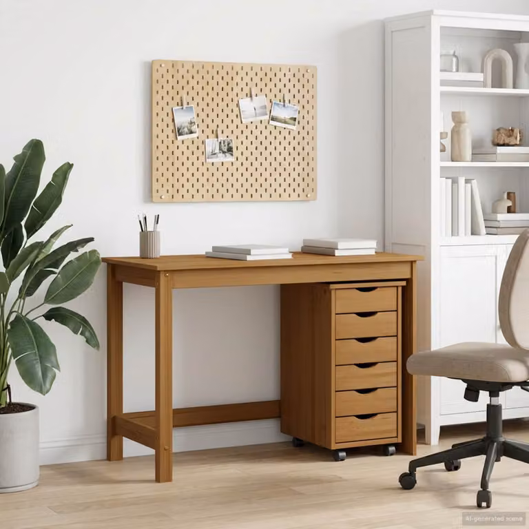 Set scrivania e mobiletto su ruote vidaXL MOSS 2 pz Marrone Miele