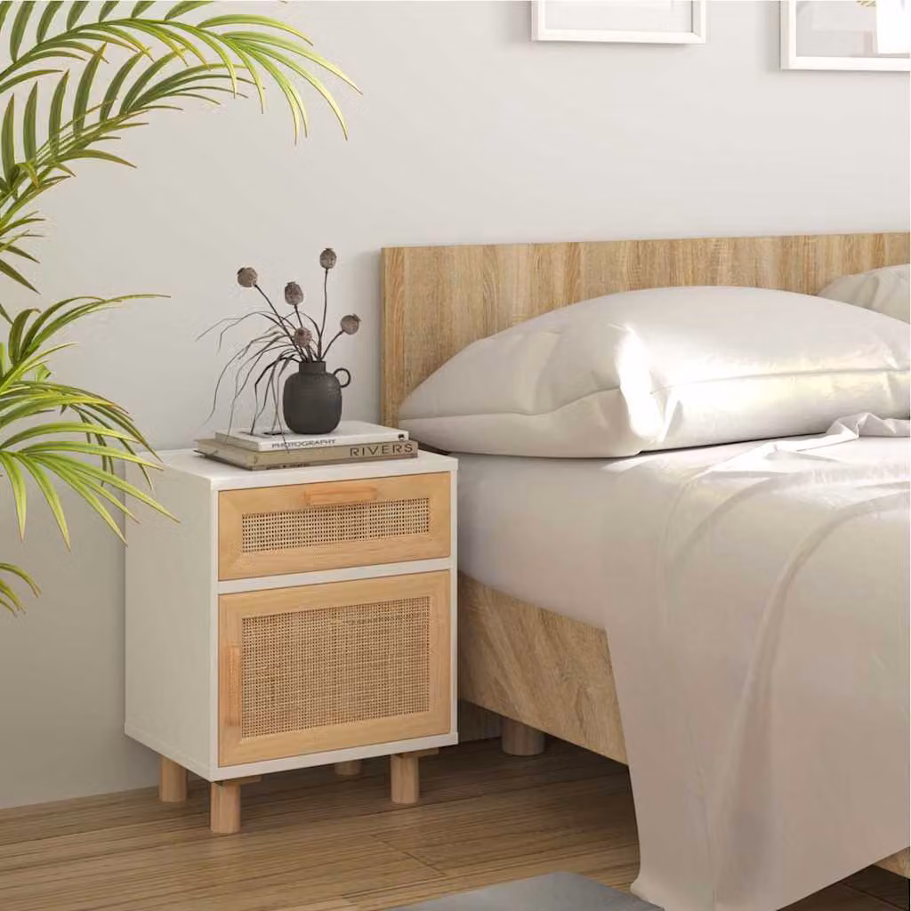 vidaXL Comodino Bianco in Legno di Pino e Rattan in Stile Scandinavo da Appendere alla Parete