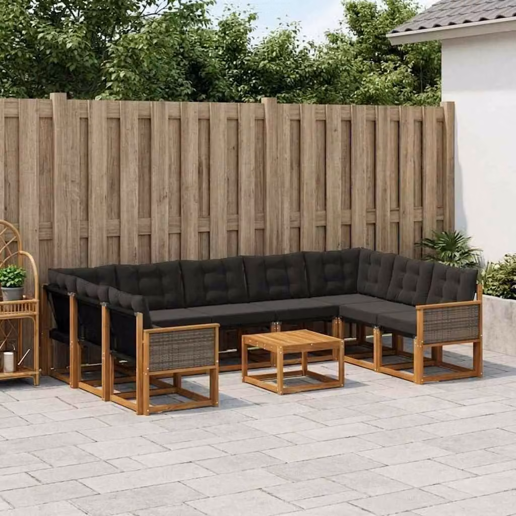Set di divani da esterno vidaXL 10 pezzi in legno di acacia con tavolino e cuscini, colore marrone e nero